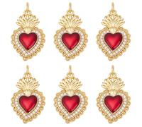 Beebeecraft 1 Box 6Pcs Red Sacred Heart Charms Bulk Real 18K Gold Plated Brass Cubic Zirconia Gothic Antique Golden Love Romantic Charm for Jewelry Making Pendants DIY Earring Crafts Findings