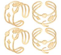 Beebeecraft 1 Box 6Pcs Rings Components 18K Gold Plated Stainless Steel Star & Moon & Sun Open Cuff Ring Settings with Oval Tray for Ring Jewellery Making