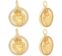 Beebeecraft 1 Box 6Pcs Sacred Heart Charm Brass & Cubic Zirconia Flat Round with Love Shape Charm for Jewelry Necklace Earring Making Crafts