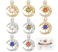 Beebeecraft 1 Box 8Pcs 8 Colors 18K Gold Plated Cubic Zirconia Moon Charms with Colorful Rhinestone Sun Dangle Pendants with Jump Ring for DIY Necklace Earrings