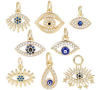 Beebeecraft 1 Box 8Pcs 8 Styles Cubic Zirconia Evil Eye Charms 18K Gold Plated Brass Water Drop Shape Turkish Gr vil Eye Charm for Good Luck Protection Amulet Jewellery Making