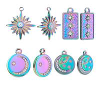Beebeecraft 1 Box 8Pcs Rhinestone Charms 304 Stainless Steel 4 Styles Rainbow Color Rectangle Flat Round Star with Sun & Moon Theme Charm for DIY Jewelry Making Craft Accessories