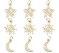Beebeecraft 1 Box 9Pcs Cubic Zirconia Celestial Charms 18K Gold Plated Brass Star Moon Sun Charms for Jewellery Making Necklace Earring Bracelet