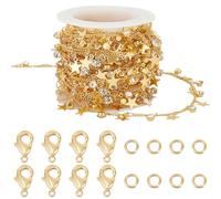 Beebeecraft 1 Roll 16.4 Feet/5m Cubic Zirconia Star Link Chain 18K Gold Plated Cable Chain Spool with 30Pcs Jump Rings 10Pcs Lobster Claw Clasps for Women Bracelet Necklace Anklet Jewelry Making
