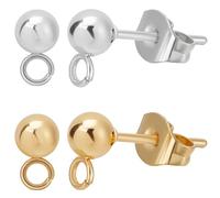 Beebeecraft 100Pcs 2 Colors Ball Stud Earring Findings 24K Gold&925 Sterling Silver Plated 304 Stainless Steel Round Post with Loop for Dangle Earring Jewelry Making DIY