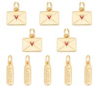 Beebeecraft 10Pcs 2 Styles Gold Envelope Charm Valentine Charms Bulk Real 18K Gold Plated Brass Enamel Red Heart Oval Words Love Aesthetics Shine Pendants for Necklaces Bracelets Jewelry DIY Crafts