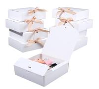 Beebeecraft 10Pcs 7x7x2 Inch White Folding Paper Boxes Bridesmaid Proposal Box Large Square with Ribbon Lid for Wedding Birthday Party Treat Gift