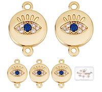 Beebeecraft 10Pcs/Box Evil Eye Connectors 18K Gold Plated Blue Cubic Zirconia Double Hole Evil Eye Charms Golden Flat Round Jewelry Making Findings for DIY Bracelet Necklace
