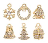 Beebeecraft 12Pcs 6 Style Christmas Charms 18K Gold Plated Trees Snowflake Gift Bell Hat Wreath Cubic Zirconia for DIY Jewellery Making Pendant Bracelet Necklace Craft Supplies