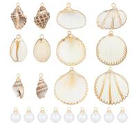 Beebeecraft 12Pcs 6 Styles Natural Seashells Charms 30Pcs ABS Plastic Imitation Pearl Charms Cowrie Sea Shells Conch Summer Ocean Sea Beach Pendant for Jewelry Making Necklace Bracelet Earring Crafts