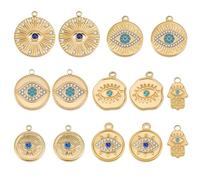 Beebeecraft 14Pcs 7 Styles Evil Eye Charms 18K Gold Plated 304 Stainless Steel Round Rectangle Shape Rhinestone Hamsa Hand Charms for Jewelry Making Necklace DIY Crafts