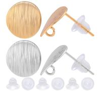Beebeecraft 20Pcs 2 Colors Stud Earring with Loop 18K Gold & Platinum Plated Texture Surface Flat Round Earring Post for Jewelry Making DIY Findings with Ear Nuts