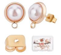 Beebeecraft 20Pcs/Box 18K Gold Plated Earring Findings with Plastic Pearl Half Round Earring with Loop & Sterling Silver Pins & Butterfly Earring Backs for DIY Earring Making