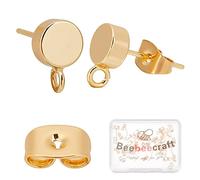 Beebeecraft 20Pcs/Box Stud Earrings Findings 18K Gold Plated Flat Round Earring Posts with Loop and 925 Sterling Silver Pins Butterfly Earring Backs for DIY Jewellery Dangle Earring Making