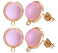 Beebeecraft 20Pcs Glass Stud Earring Findings Real 18K Gold Plated Brass | Glass Pink Half Round Earrings Posts with Loop Butterfly Ear Nut Backs for Jewelry Making DIY Crafts Supplies
