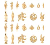 Beebeecraft 24Pcs 12 Styles 304 Stainless Steel Ocean Charms 18K Gold Plated Fish Octopus Seahorses Lobster Ice Cream Conch Sea Shells Charms Summer Beach Sea Animal Pendant for Jewellery Making