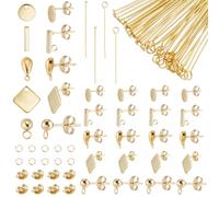 Beebeecraft 250Pcs 9 Styles 18K Gold Plated Stud Earring Kits for Jewelry Making Including 50Pcs 5 Styles Ball Post Earrings with Loop 60Pcs 2 Styles Eye Head Pins 100Pcs Jump Rings 40Pcs Earring Back