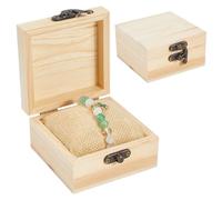 Beebeecraft 2Pcs Unfinished Wood Boxes with Lids 3.5x3.5x2 Inch Square Light Yellow Treasure Chest Small Wooden Boxes for Crafts with 2Pcs Cloth Bracelet Watch Pillows for Halloween Pirate Birthday