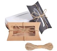 Beebeecraft 30Pcs 3 Colors Paper Pillow Candy Box 6x3 Inch Small Pillow Packaging Box with Clear Window and 20m Jute Twine for Bakery Candy Chocolate Wedding Party Favor (Black White Brown)