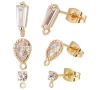 Beebeecraft 30Pcs/Box 3 Style 18K Gold Plated Stud Earrings Teardrop Flat Round Trapezoid Cubic Zirconia Earring Posts with Loop and Butterfly Earring Backs for Earring Making Crafts