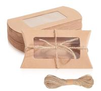 Beebeecraft 30Pcs Brown Paper Pillow Boxes 6x3 Inch Small Kraft Pillow Candy Boxes Treat Gift Boxes with Clear Window and 20m Jute Twine for Wedding Birthday Halloween Christmas Party Supplies