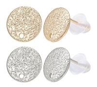 Beebeecraft 32Pcs 2 Colors Flat Round Earring Findings 18K Gold & Platinum Plated Frosted Surface Round Earring Post with Hole and 40Pcs Plastic Ear Nuts for Earring Jewelry Making