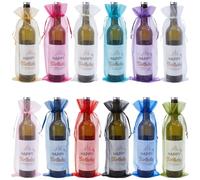 Beebeecraft 36Pcs 12 Colors Organza Wine Bags 15x5.4 Inch Drawstring Colorful Sheer Mesh Champagne Bottle Gift Pouch for Wrapping Christmas Wedding Party Favors