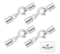 Beebeecraft 4 Sets 925 Sterling Silver Cord End Caps Glue-in Crimp End Cap with Spring Lobster Clasp for Leather Cord Bracelets Making