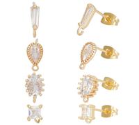 Beebeecraft 4 Styles 16Pcs Cubic Zirconia Stud Earring Findings 18K Gold Plated Brass Post Earrings Findings with Loop for Jewellery Making