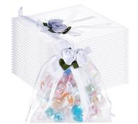 Beebeecraft 40Pcs Organza Drawstring Bags Candy Pouches Jewelry Bags Wedding Party Favor with White Rose Gift Bags for Christmas Baby Shower (10x12cm)