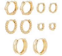 Beebeecraft 5 Pairs 5 Style Small Gold Huggie Hoop Earrings Set 18K Gold Plated Tiny Round Bead Bamboo Multipack Chunky Hoop Earrings Lightweight Earrings for Women Sleeper Christmas Jewellery Gift