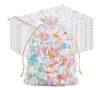 Beebeecraft 50Pcs Organza Bags Gold Stamping Stars White Drawstring Mesh Bags Rectangle Candy Gifts Storage Favor Pouches for Christmas Wedding Party Valentine's Day 5x7 Inch