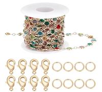 Beebeecraft 5m/16.4 Feet Colorful Crystal Chain Gold Plated Brass Round Glass Link Roll with 10Pcs Lobster Claw Clasp 30Pcs 21 Gauge Open Jump Ring for DIY Necklace Bracelet Jewelry Making Supplies