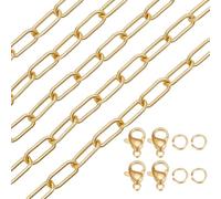 Beebeecraft 6.6 Feet/2M Real 18K Gold Plated Brass Paperclip Chain Bulk Metal Long Rectangle Pull Extension Connector Link Chains with 10Pcs Lobster Clasps 20Pcs Jump Rings for Jewelry Making Necklace