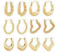 Beebeecraft 6 Pairs 6 Styles Small Gold Huggie Hoop Earrings Set 18K Gold Plated Stainless Steel Tiny Twisted Multipack Chunky Hoop Earrings Lightweight Earrings for Women Jewelry Valentine's Day Gift