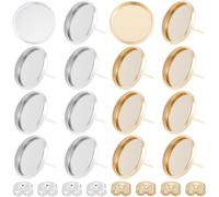 Beebeecraft 60Pcs 2 Colors Cabochon Stud Earrings with 60Pcs Ear Nut 18K Gold Plated & Sterling Silver Plated 304 Stainless Steel Blank Stud Earring Bezel Settings Tray for Jewelry Making, 14mm Tray