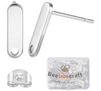 Beebeecraft 60Pcs Stud Earring with Loop 12x3.5mm Stainless Steel Rectangle Post Earrings Findings with Ear Nuts for Diy Jewellery Making Craft
