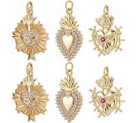 Beebeecraft 6Pcs/Box 3 Style Sacred Heart Charms 18K Gold Plated Brass Valentine's Day Heart Charms with Cubic Zirconia for Mother's Day DIY Necklace Bracelet