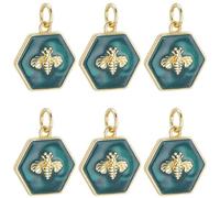 Beebeecraft 6Pcs Enamel Bee Charms 18K Gold Plated 14x14.5mm Hexagon Green Honeybee Charms with Jump Ring for Jewelry Making Necklace Bracelet Diy Crafts