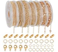 Beebeecraft 7 Styles 18K Gold Necklace Chains for Jewelry Making DIY Bracelet Chain Making Kits with 4/5/6mm Jump Rings Lobster Clasps Connectors for Necklace Making Accessories