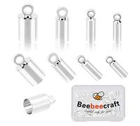 Beebeecraft 80Pcs 4 Size 925 Sterling Silver Plated Crimp End Caps Smooth Glue-in Leather Cord Barrel End Tip with Loop Ring for Leather Cord Bracelets Jewelry Making