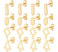 Beebeecraft 80Pcs 4 Styles Earring Stud Findings with Loop 24K Gold Plated Stainless Steel Geometry Rectangle Triangle Flat Round Earring Posts for Jewelry Making