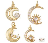 Beebeecraft 8Pcs 4 Style 18K Gold Plated Moon Charms Cubic Zirconia Sun and Star Dangle Pendants with Jump Ring for Mother's Day DIY Necklace Earrings