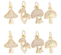Beebeecraft 8Pcs 4 Styles Mushroom Charms 18K Gold Plated Cubic Zirconia Autumn Nature Theme Charm for Jewellery Making DIY Crafts Bracelet Necklace