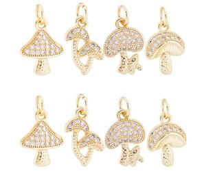 Beebeecraft 8Pcs 4 Styles Mushroom Charms 18K Gold Plated Cubic Zirconia Autumn Nature Theme Charm for Jewellery Making DIY Crafts Bracelet Necklace