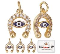 Beebeecraft 8Pcs/Box Horseshoe Evil Eye Charm 18K Gold Plated Protection Horse Shoe Good Luck Pendant Charms Cubic Zirconia with Jump Ring for Valentine's Day Jewellery Making