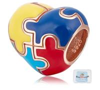 Beebeecraft 925 Sterling Silver Autism European Beads with Colorful Enamel Heart Love with Puzzle Awareness Large Hole Charms Beads Bracelets for Jewellery Making