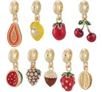 Beebeecraft 9Pcs 9 Styles Small Strawberry Charms Fruit Enamel Charms Real 18K Gold Plated Brass Lemon Grape Food Dangle Large Hole Pendants Accessories for Jewelry Bracelets Necklaces DIY Crafts