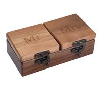 Beebeecraft Mr and Mrs Wooden Ring Box 7.9x14x4.5cm Rectangle Camel Vintage Wood Double Ring Box for Wedding Day Valentine's Day Engagement Proposal Bearer Display or Jewelry Organizer Storage