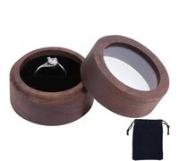 Beebeecraft Round Wood Ring Box Transparent Lid 2x1.4 Inch Wooden 1 Slot Ring Case Holder with Clear Window Black Rectangle Velvet Pouch 4x4.7 Inch for Wedding Engagement Ceremony Proposal